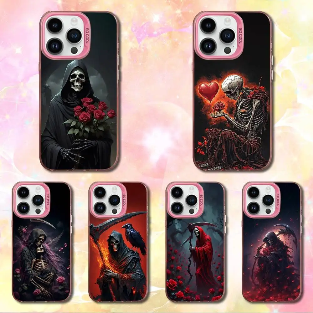 

Smiling Art Love Death Phone Case For iPhone 12,11,14,16,13,15,Mini,Pro,MAX,SE,XS, Pink Matte Silicone Cover