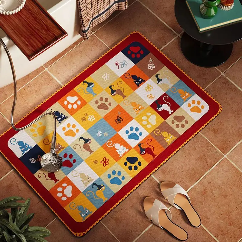 VIKAMA Bath Mat Cartoon Cat Mouse Paw Print Checkered Pattern Non‑Slip Absorbent Floor Mat for Bathroom Home Decor