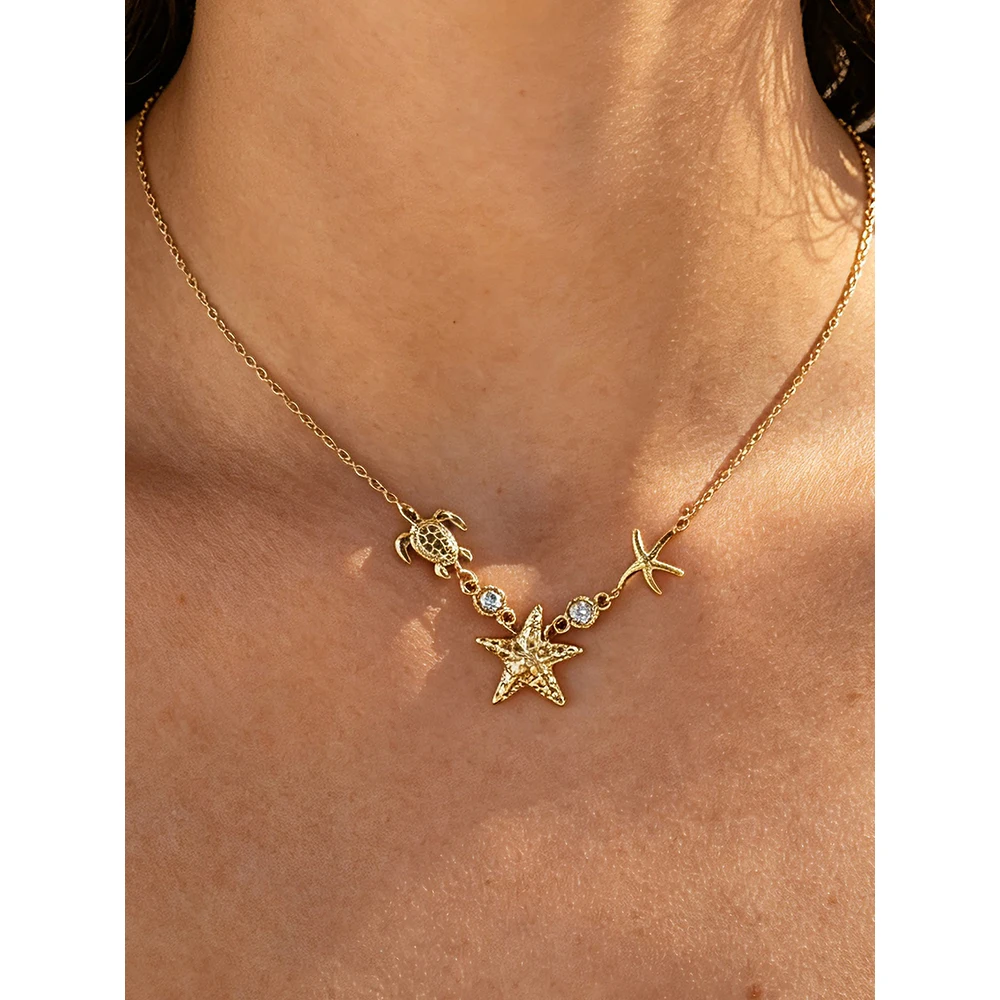 YACHAN Waterproof 18K Gold Plated Stainless Steel Ocean Beach Pendant Necklace for Women Turtle Starfish Charm Jewelry