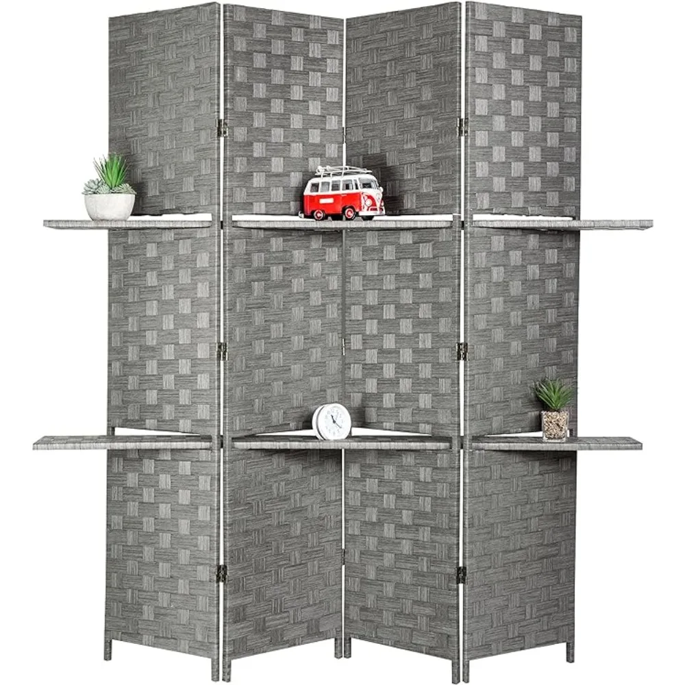 

Decorative Hand Woven Bamboo 4-Panel Room Divider with 2 Tier Display Shelves & 2-Way Hinges, Gray