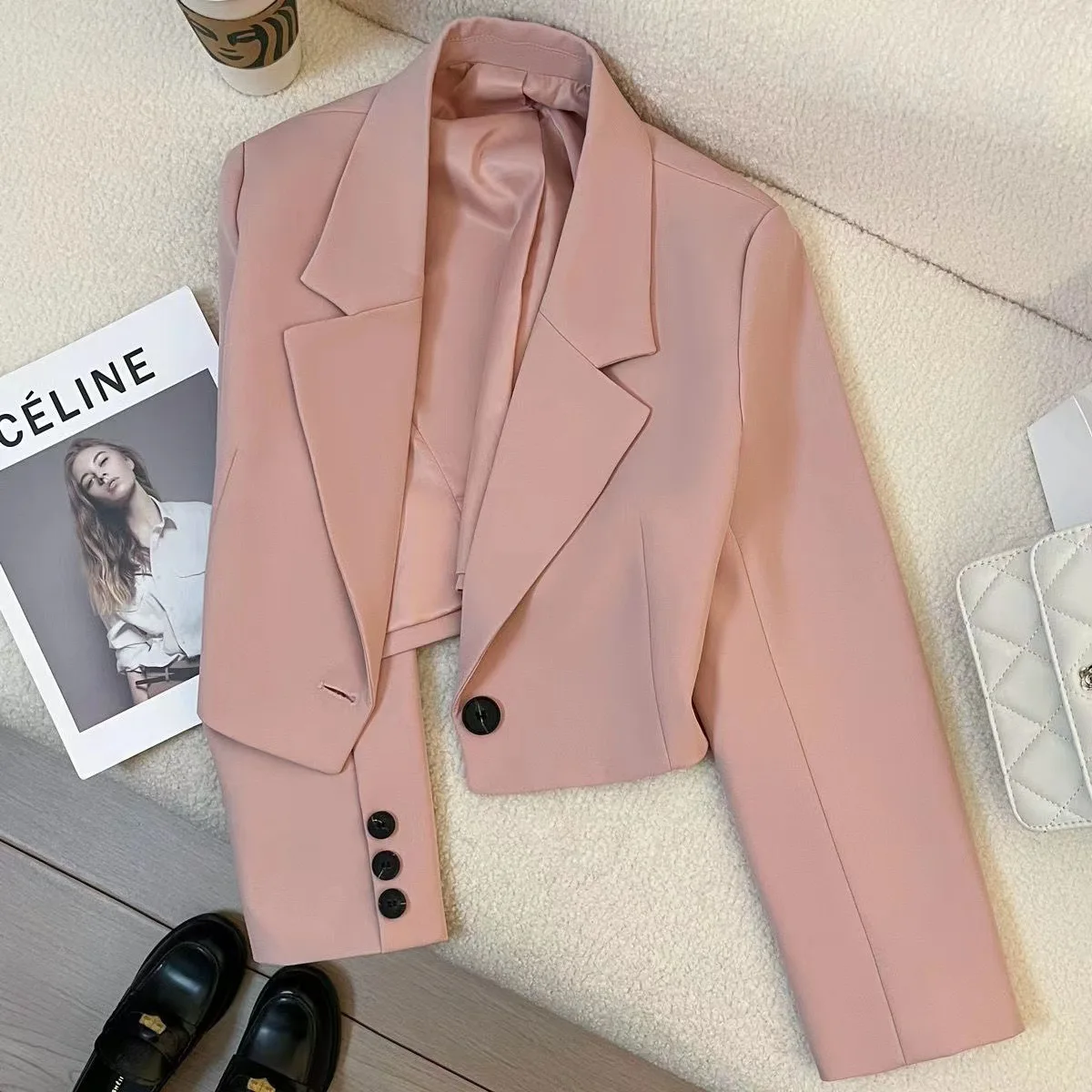 Women\'s Spring and Fall New Fashion Loose Solid Color Short Suit Jacket, High Design Sense Single-button Commuter Suit Jacket