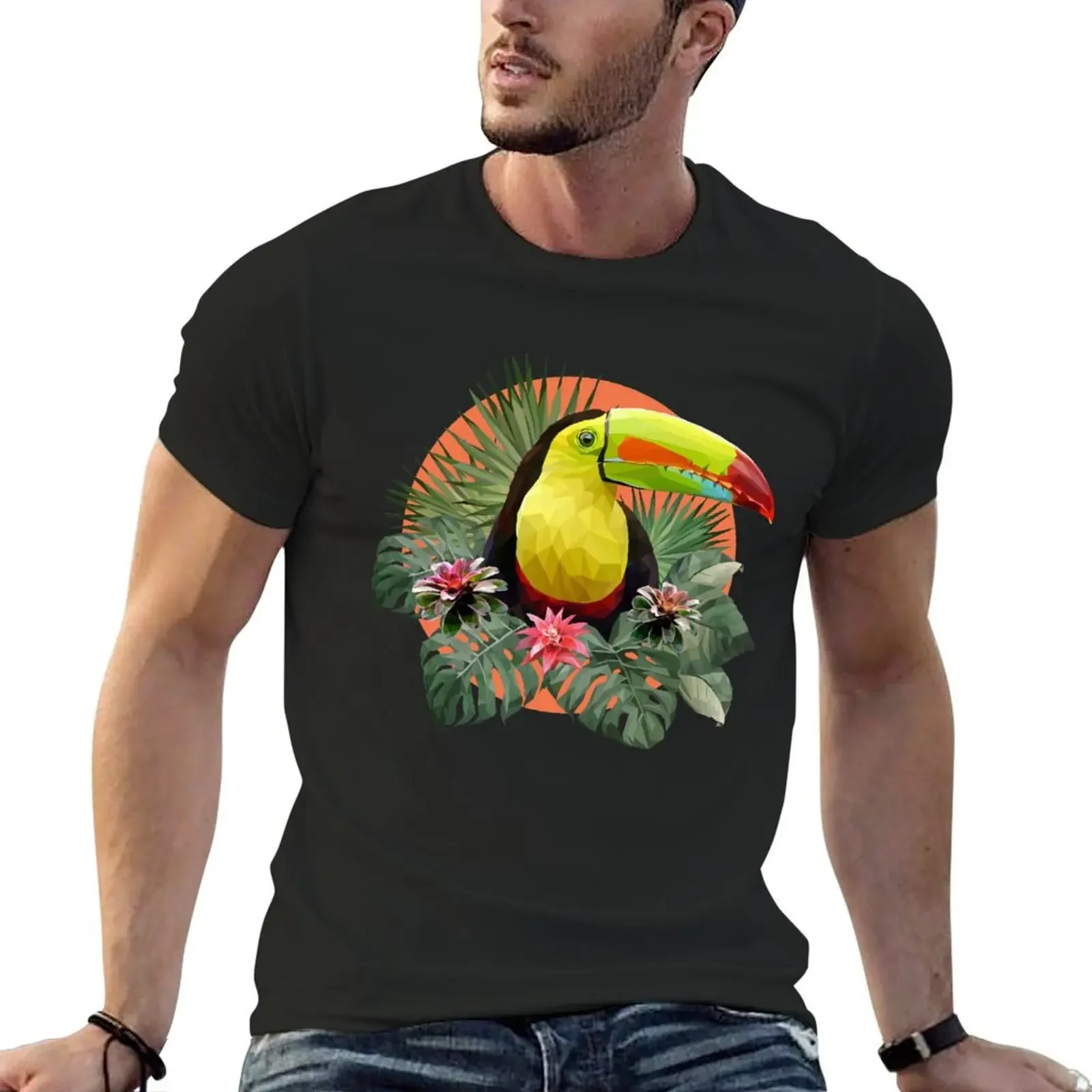 Polygonal toucan bird with amazon forrest plant leaves and flowers T-Shirt vintage anime shirt sports fans mens plain t shirts