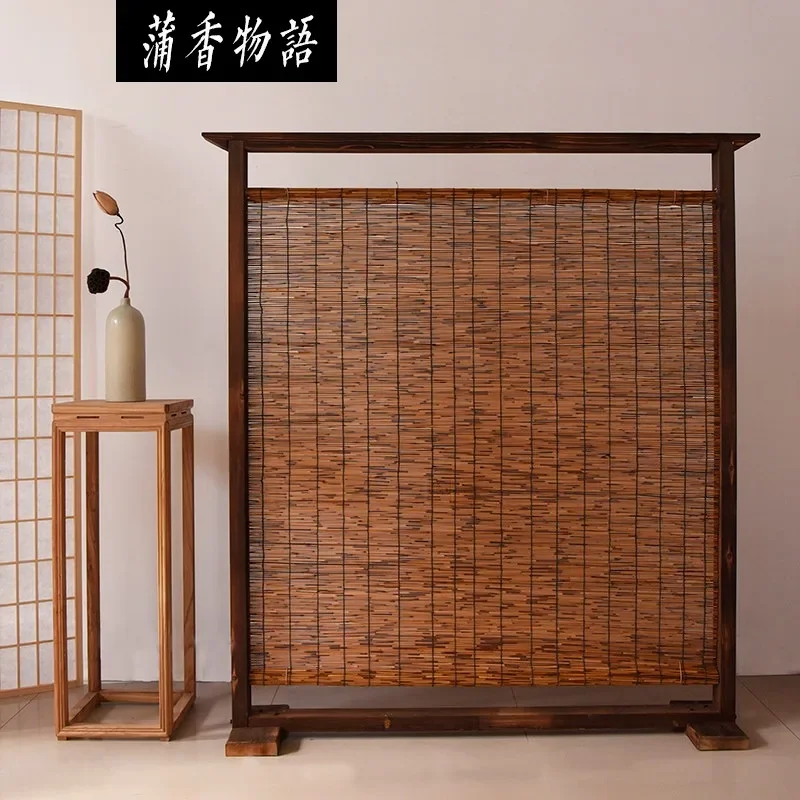 New Chinese style solid wood reed screen partition entrance living room tea room hotel hotel zen retro screen seat screen