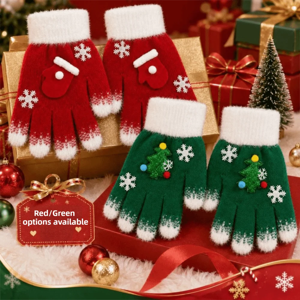 Snowflake Pattern Christmas Knitted Glove Windproof Skin Friendly Five-finger Gloves Cartoon Elastic Winter Warm Glove Girls