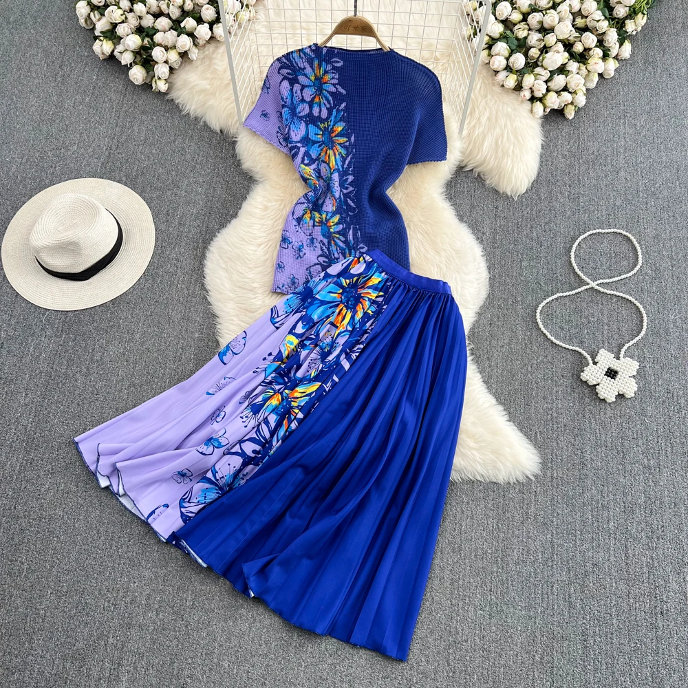 

Summer Blue Print Pleated Skirt Two Piece Set Women Matching Sets Female Outfit Elegant Slim Top Fashion Skirt