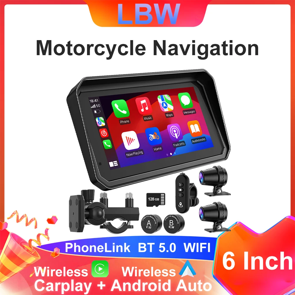 6 pulgadas portátil IPX7 impermeable motocicleta GPS navegación soporte inalámbrico Carplay Android Auto DVR unidad grabadora Moto TPMS DVR
