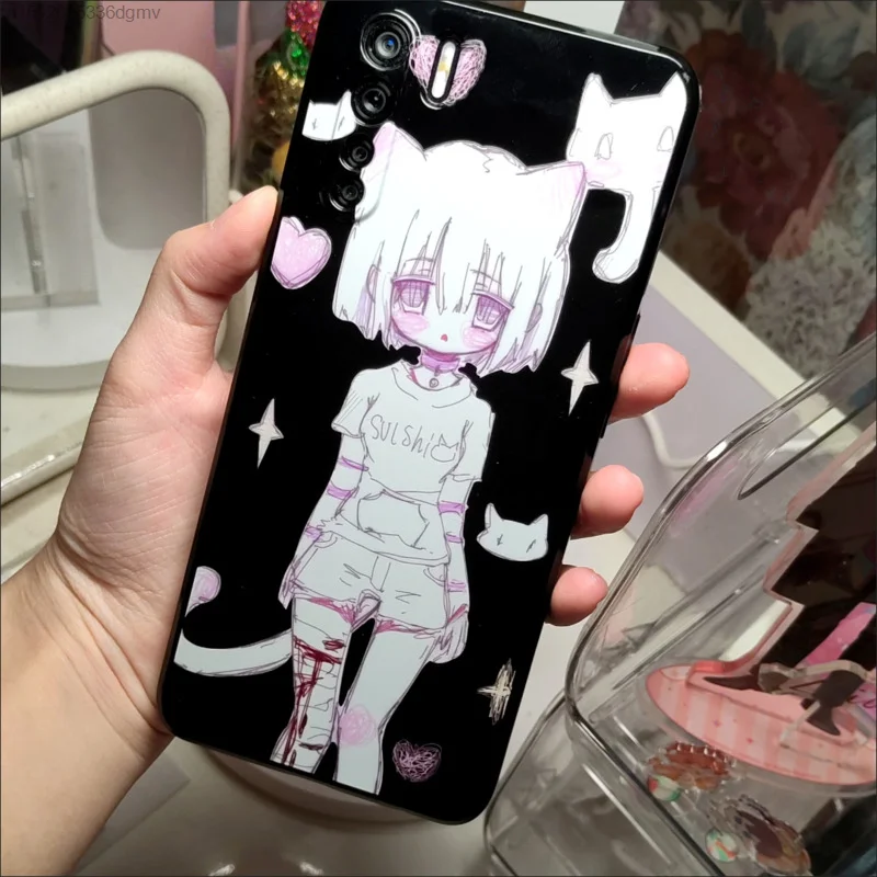 Dark Cat Sick Girl Silicone Phone Case For Iphone 13 12 Mini 7 8 14 Plus Case Goth Punk Japanese Y2k Iphone 11 Pro Xs Max Cover