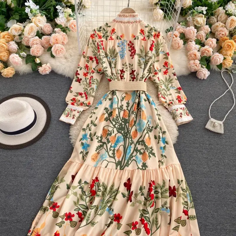 Spring Autumn Maxi Dress Women's Long Sleeve Stand Collar Gorgeous Flower Prit Long Dress Female Buttons Up Sashes Holiday 2023