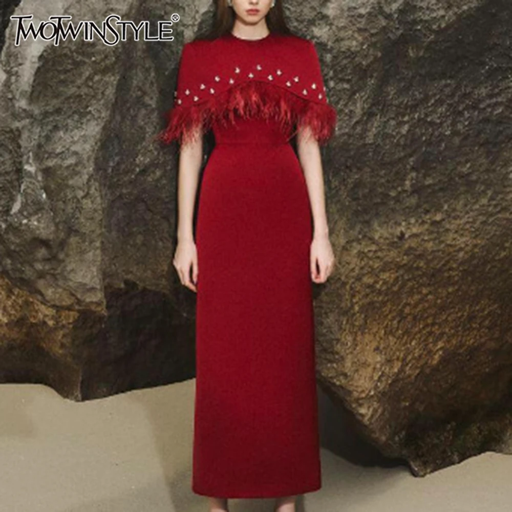 TWOTWINSTYLE Elegant Spliced Feathers Dresses For Women Round Neck Cloak Sleeve Tunic Patchwork Diamonds Slim Dress Female 2024