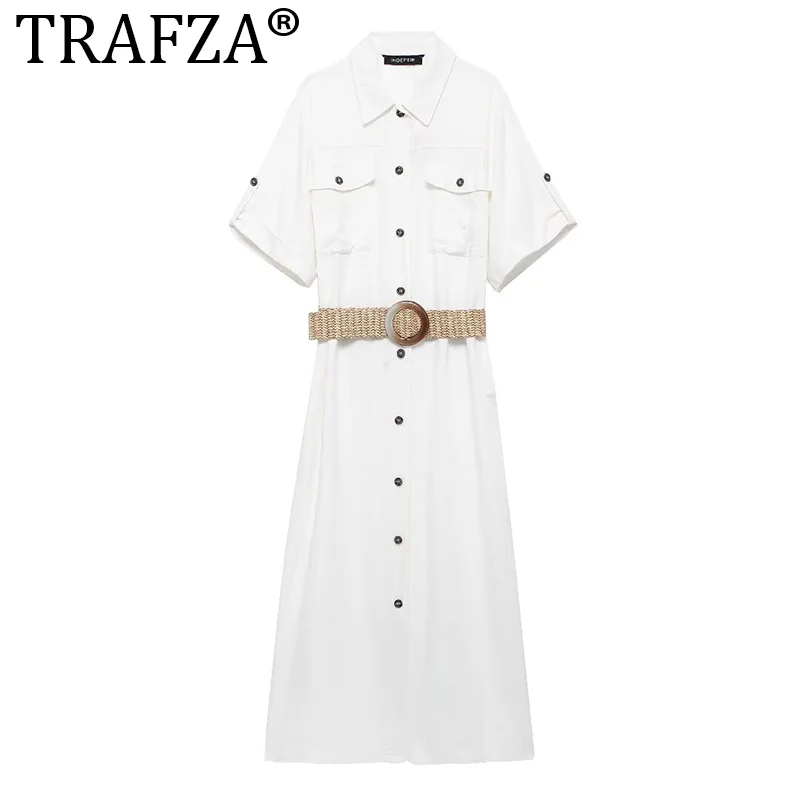 

TRAFZA Casual Elegant Linen Blend Petticoat Style Dress Women's Belt Short-sleeved Dress New 2024 Summer Fasion Holiday Dress