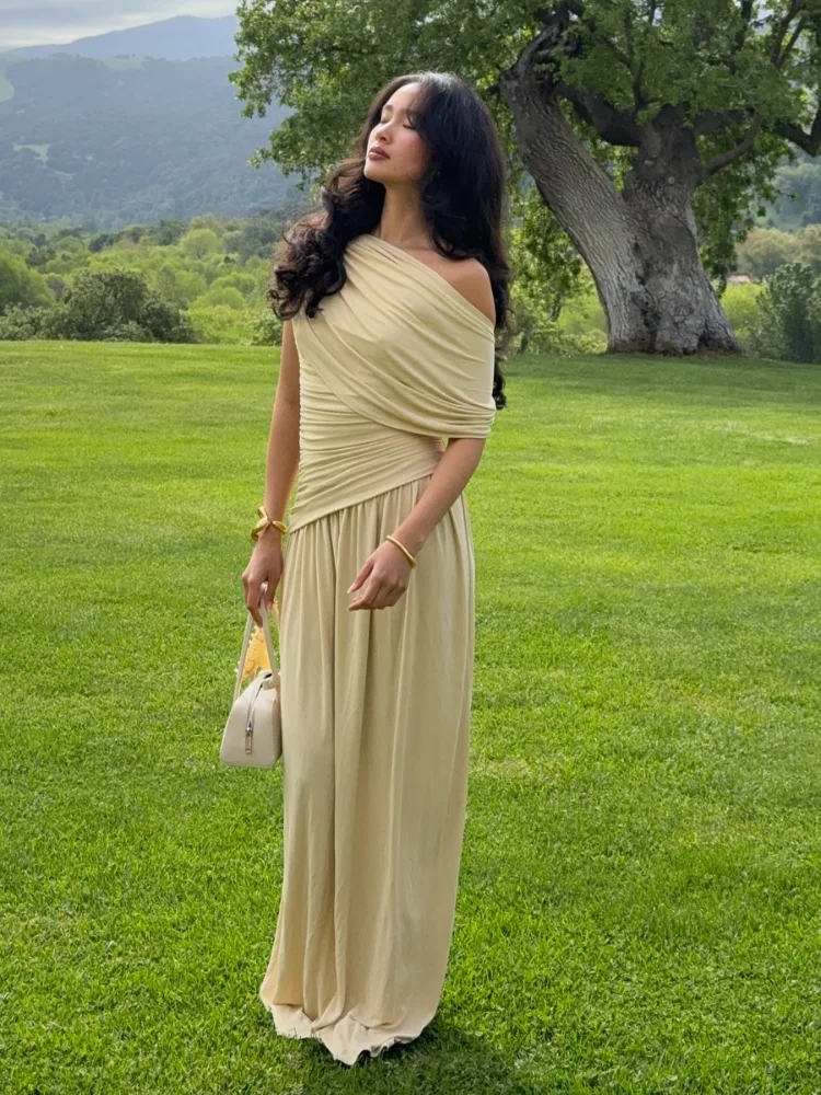 

Women Elegant Ruffled Slanted Collar Dress Casual Sleeveless High Waist Loose Maxi Vestido 2025 New Summer Fashion Lady Robes