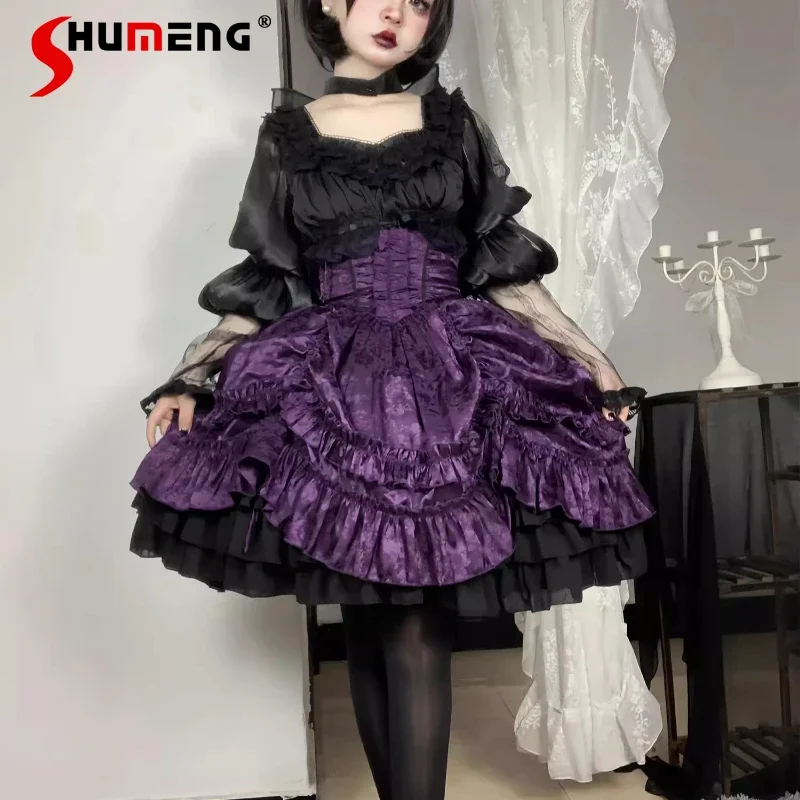 

Original Gothic Lolita Halloween High Waist SK Women's Skirt Spring and Autumn Vintage Purple and Black Pleated Cake Skirts