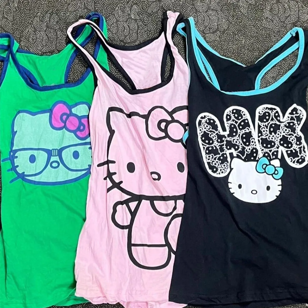 

Y2K Hello Kitty Hot Girl Women's Strap Kawai Green Sexy Cute Cat Printed Sleeveless Tank Summer Casual T-Shirt, Retro Street Top