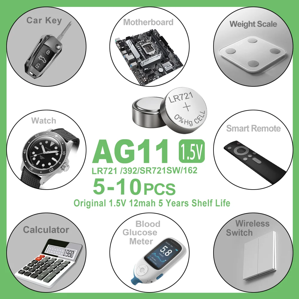 

5-10PCS 1.55V AG11 18mAh Button Battery SG11 LR58 SR58 162 361 362 LR721 SR721 SR720 L721F Cell Coin Watch Toys Remote Battery