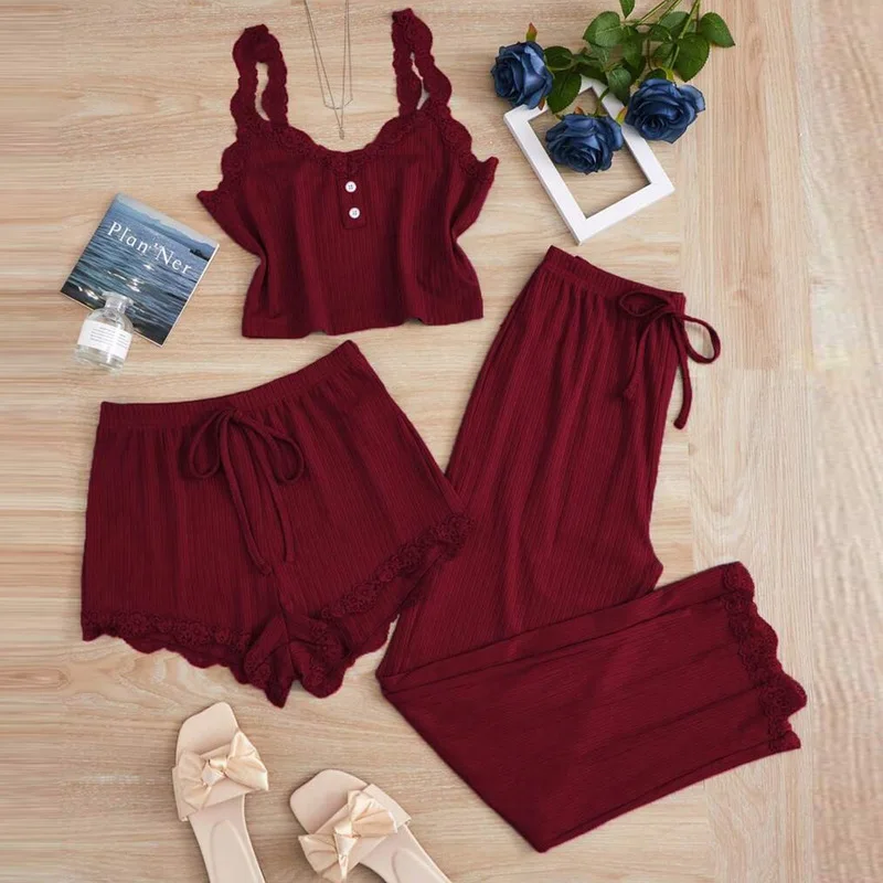 Women‘s 3 Piece Lace Cami Set with Short & Long Pants, Spaghetti Strap Sleepwear with Lace Trim, Versatile Loungewear for Summer
