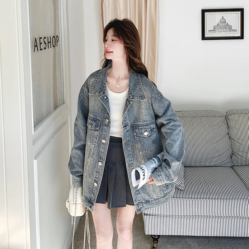

SuperAen Fashion High Street Diamond Denim Jacket 2026 Autumn New Korean Style Wash Retro Loose Waist Casual Jackets