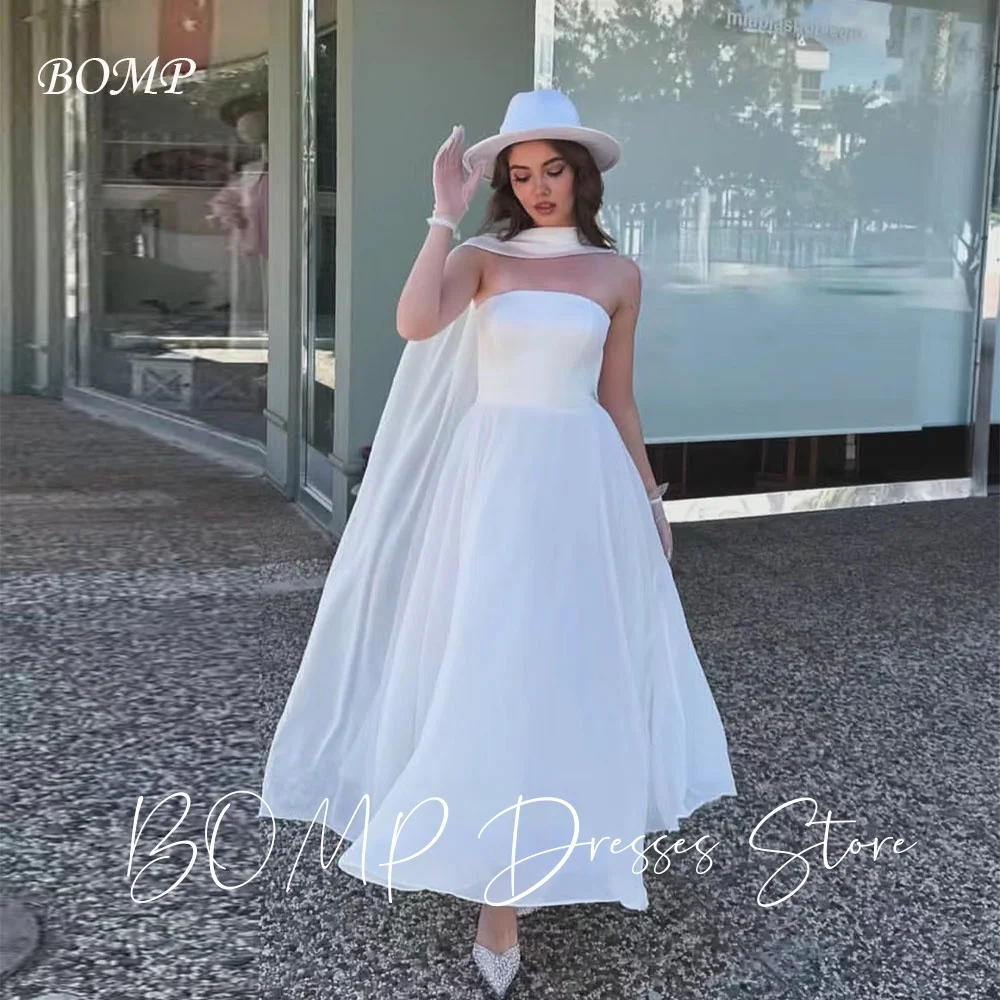 

BOMP Elegant White Evening Dresses with Scarf Strapless A-Line Draped Ankle-Length Formal Occasion Wedding Party Dress Customize