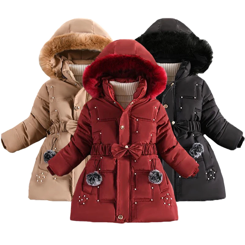 2024 New Thick Keep Warm Winter Girls Jacket Detachable Hat Plush Collar Hooded Coat For Girl 4 Color Children Birthday Present