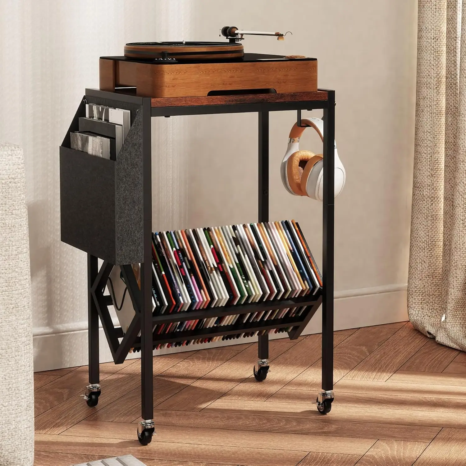 Vintage Record Player Stand, Large Vinyl Record Storage Albums, Sturdy Record Player Stand with Vinyl Storage and Magazi