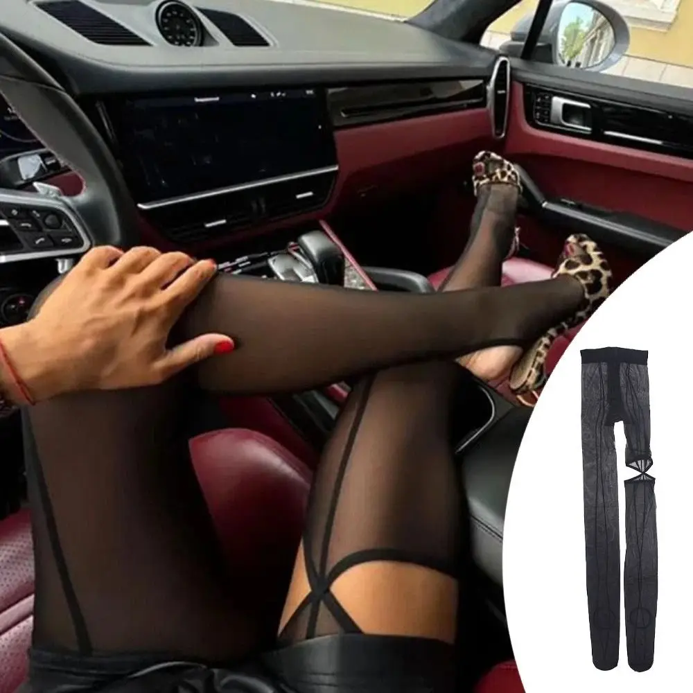 Sweet Transparent Mesh High Pantyhose Y2K Tights Hollow Out Leggings Black Vertical Line Asymmetry Pantyhose Women Summer