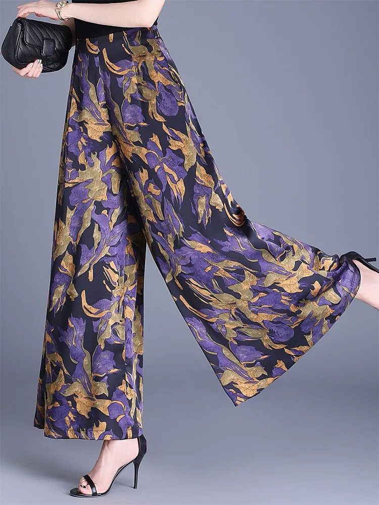 ZUZK Pantaloni a gamba larga stampati alla moda estiva Comode donne Nuova versione coreana Pantaloni casual larghi in vita elastica Tessuto ecetato