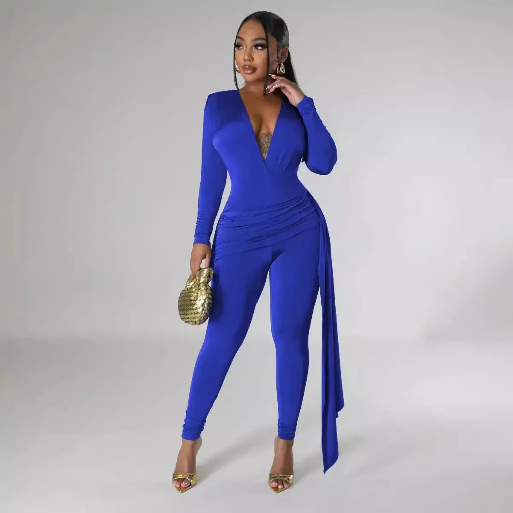 ชุดเซ็กซี่สำหรับผู้หญิง คอวีลึก แขนยาว กางเกงขายาว รุ่น TD2782 สีพื้น สไตล์ยุโรปและอเมริกา แฟชั่นข้ามพรมแดนสำหรับผู้หญิง