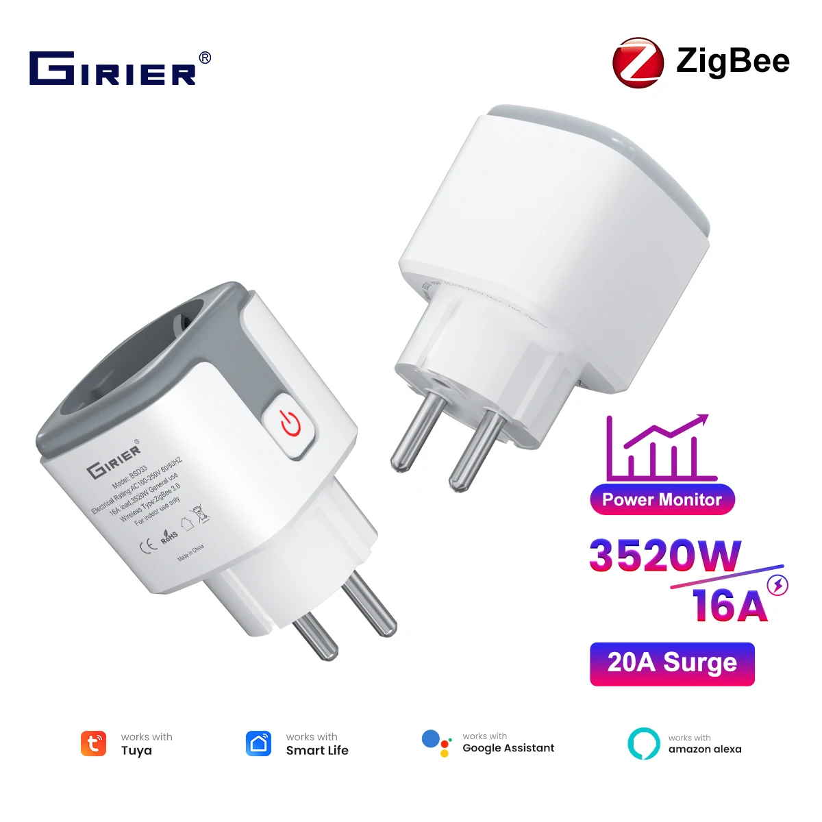 

GIRIER Tuya Smart Power Plug ZigBee 16A Wall Socket Outlet with Energy Monitoring Function Overload Protection Works with Alexa