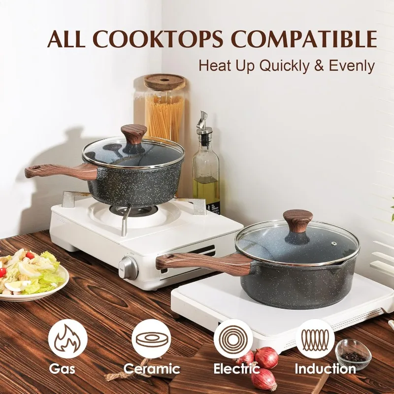 

Nonstick Sauce Pan with Lid Saucepan Set, Swiss Granite Coating Sauce Pot Kitchen Cooking Pot Sets, Induction Comptable