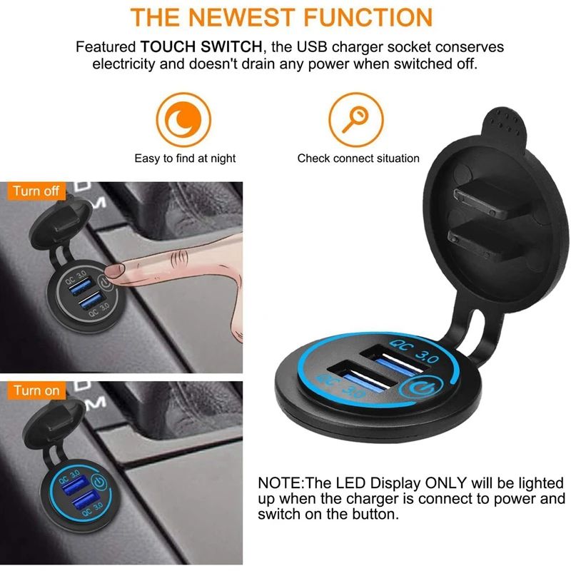 4X เต้าเสียบ USB 12V ที่ชาร์จมีสวิตช์ในรถ USB QC 3.0แบบคู่เครื่องชาร์จเต้าเสียบสายไฟกันน้ำ USB 36W (พร้อมเครื่องเจาะ1.1นิ้ว)