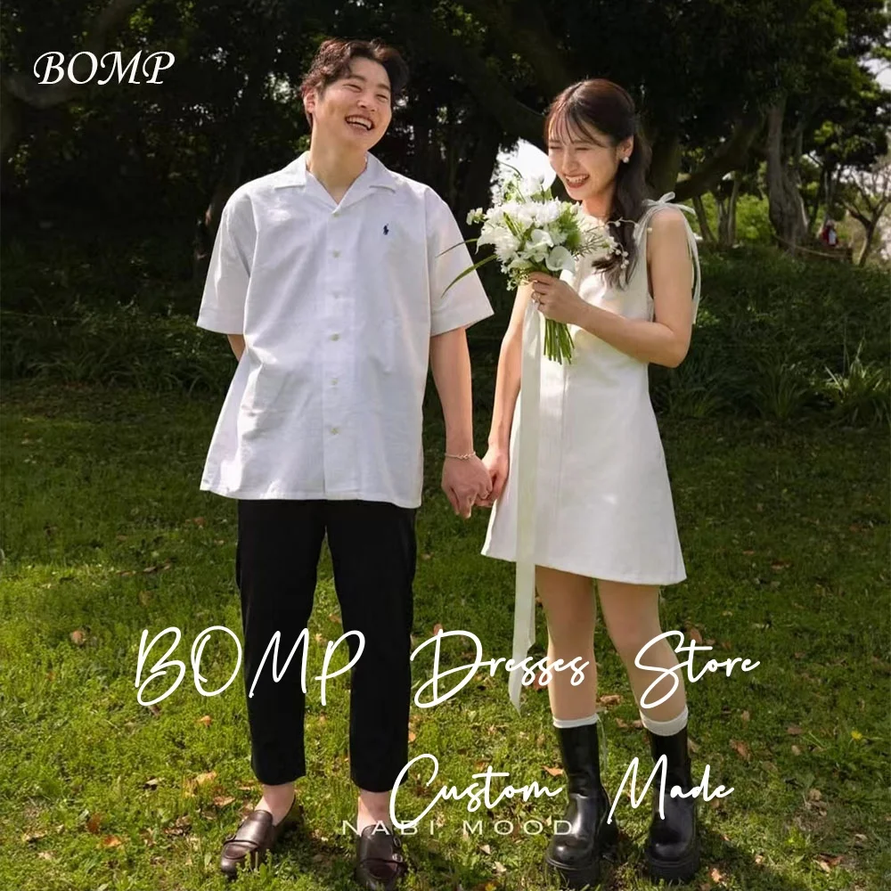 

BOMP Simple Mini Wedding Party Dress Sweetheart Bow Spaghetti Strap White Taffeta Short Korea Photo Shoot Bridal Gown Customized