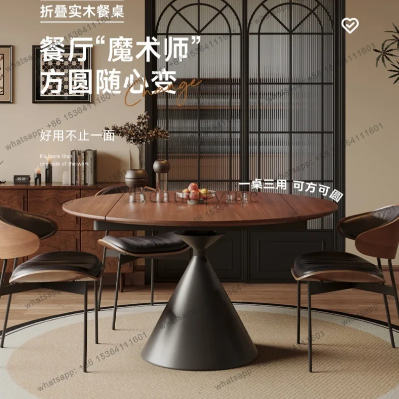 Medieval style dining table, walnut color square becomes round, rotating retro solid wood round dining table