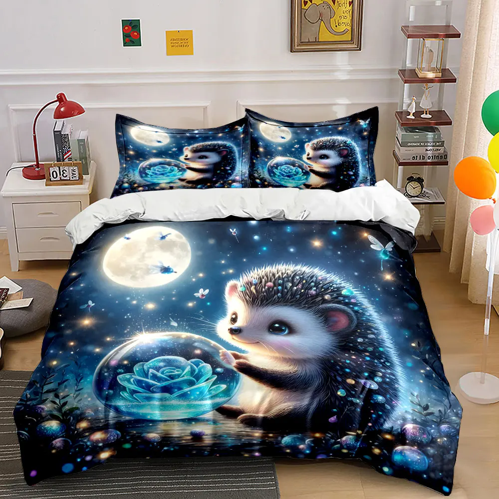 Dreamy Hedgehog in Moonlit Night Bedding Set for Kids Luxury Gift 3pcs Digital Print Comforter Set Soft Comfortable Breathable