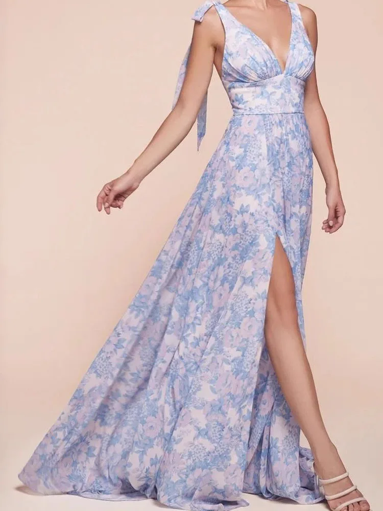 

Элегантное праздничное длинное платье с v-образным вырезом и бантом, женское модное вечернее платье без рукавов с принтом, повседневное богемное платье с открытой спиной на талии