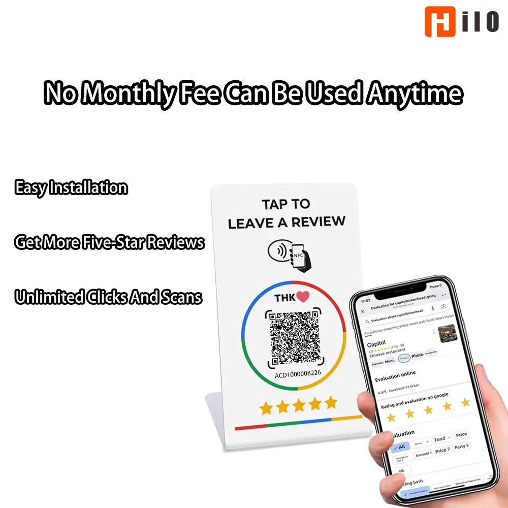 Hilo Programmable NFC 215 QR code Google Review NFC Display rack 13.56Mhz Five Star Rating System Customer Feedback Tool