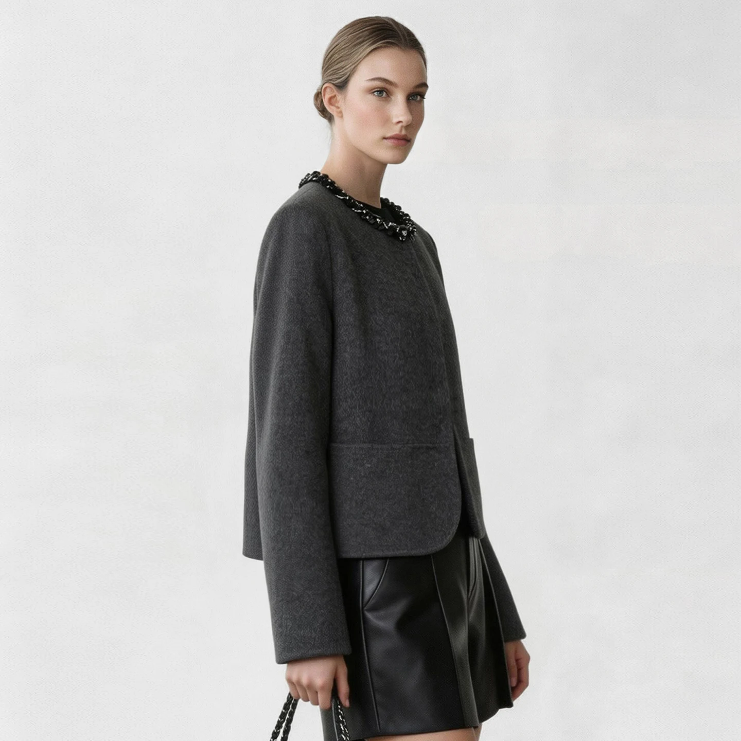 Amii Women's Tweed Coat Double-Faced Wool Crew Neck Relaxed Fit Commuter Minimalist Winter 2026 Coats for Women 12624041