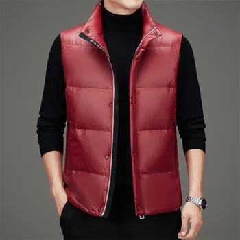 Prawdziwa 90% biała kamizelka puchowa z kaczego puchu Męska zimowa klasyczna moda 2024 Solidna ciepła kurtka bez rękawów Termiczna kamizelka kardigan z zamkiem błyskawicznym