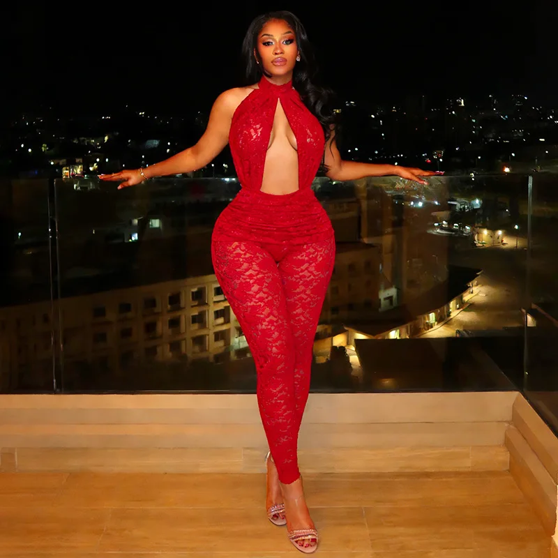 

Women Sexy See Through Ruched Lace Jumpsuits Hollow Out Sleeveless Halter Backless Slim Night Clubwear Birthday Party Overalls