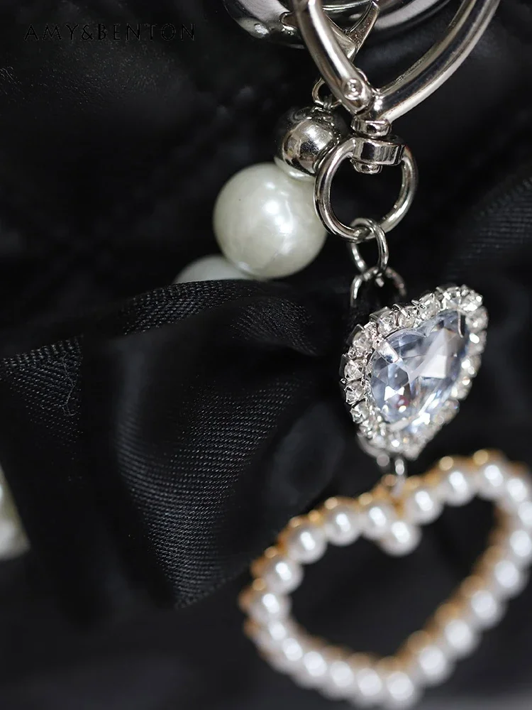 Japanese Mine Mass-Produced Handmade Bag Sweet Bow Heart Rhinestone Pearl Pendant Cute Bags for Women Lolita Handbag Mini Bag