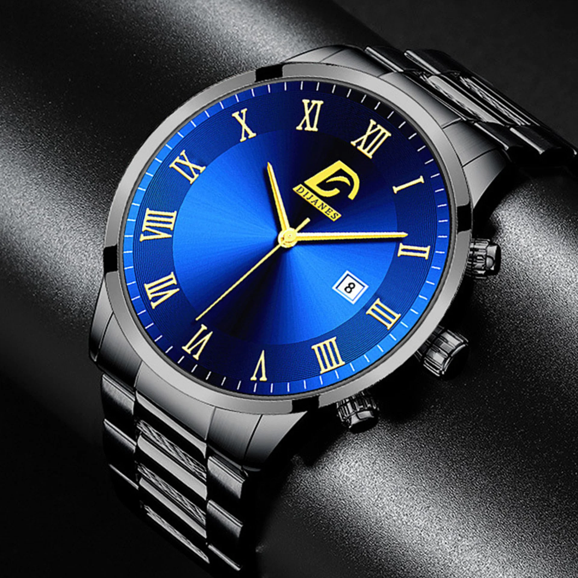 Homens 3-Piece Steel Belt Watch Set, Calendário Relógios, Quartzo, Preto, Moda