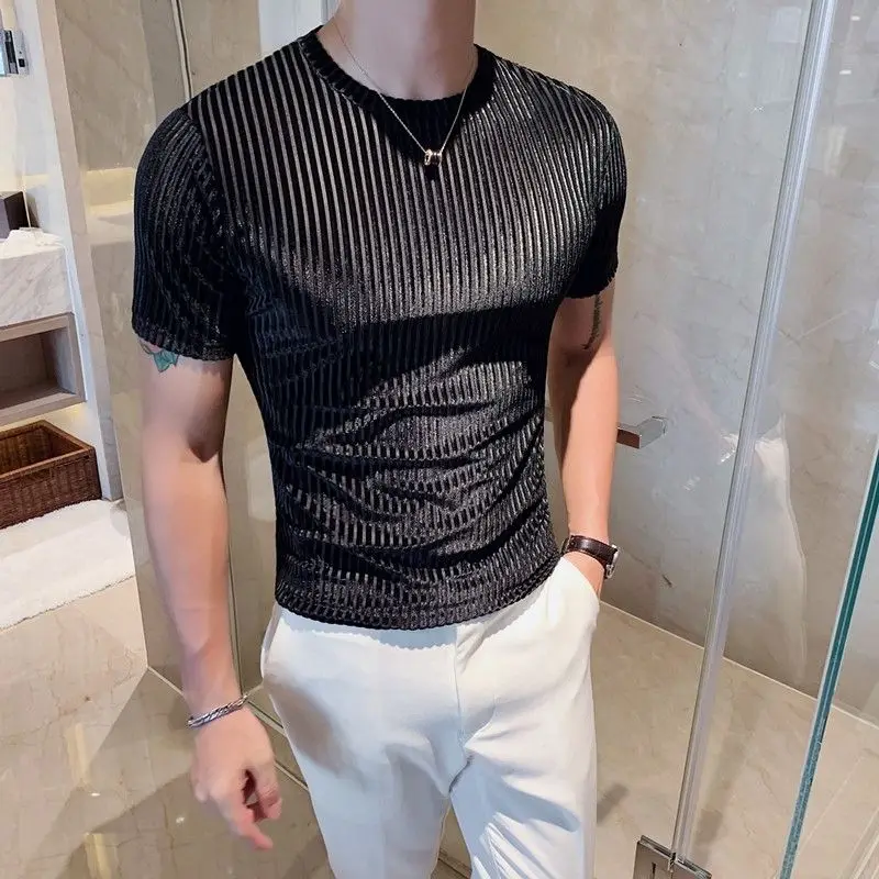 2023 Spring Summer Korean Version Men\'s Trend Slimming Short Sleeve Round Neck Solid Color Striped Printed Fashion Youth T-shirt