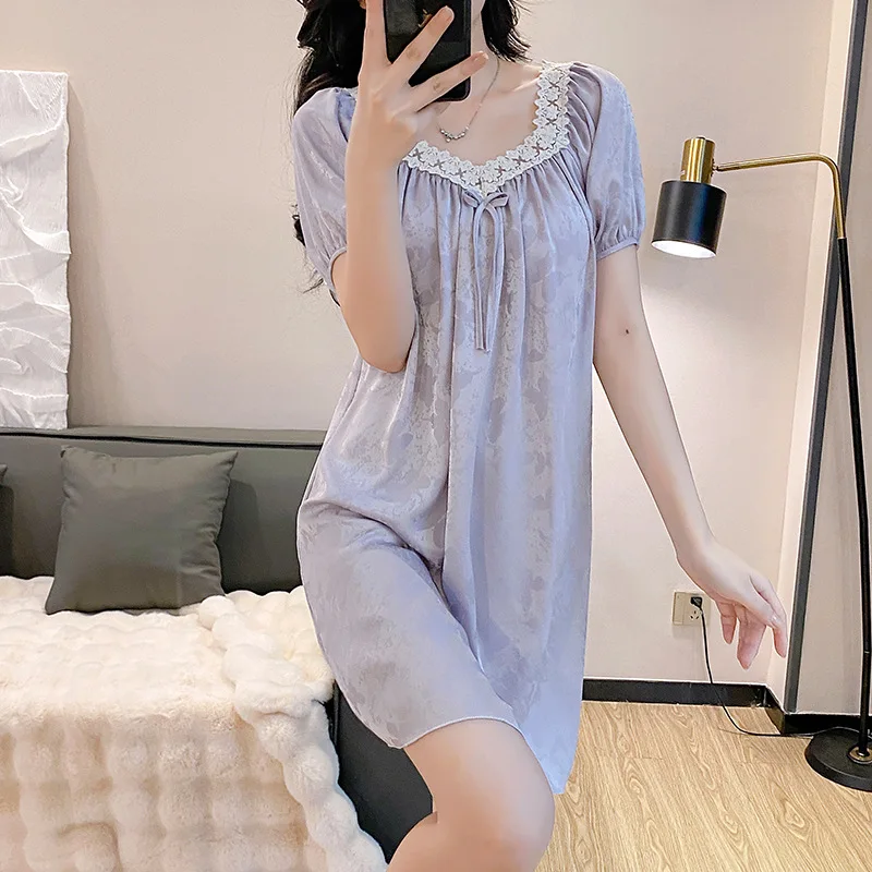 

Lace Sleep Dress Woman Nightgown Summer Silky Satin Nighty Gown Loungewear Short Sleeve Sleepwear Nightdress Lingerie