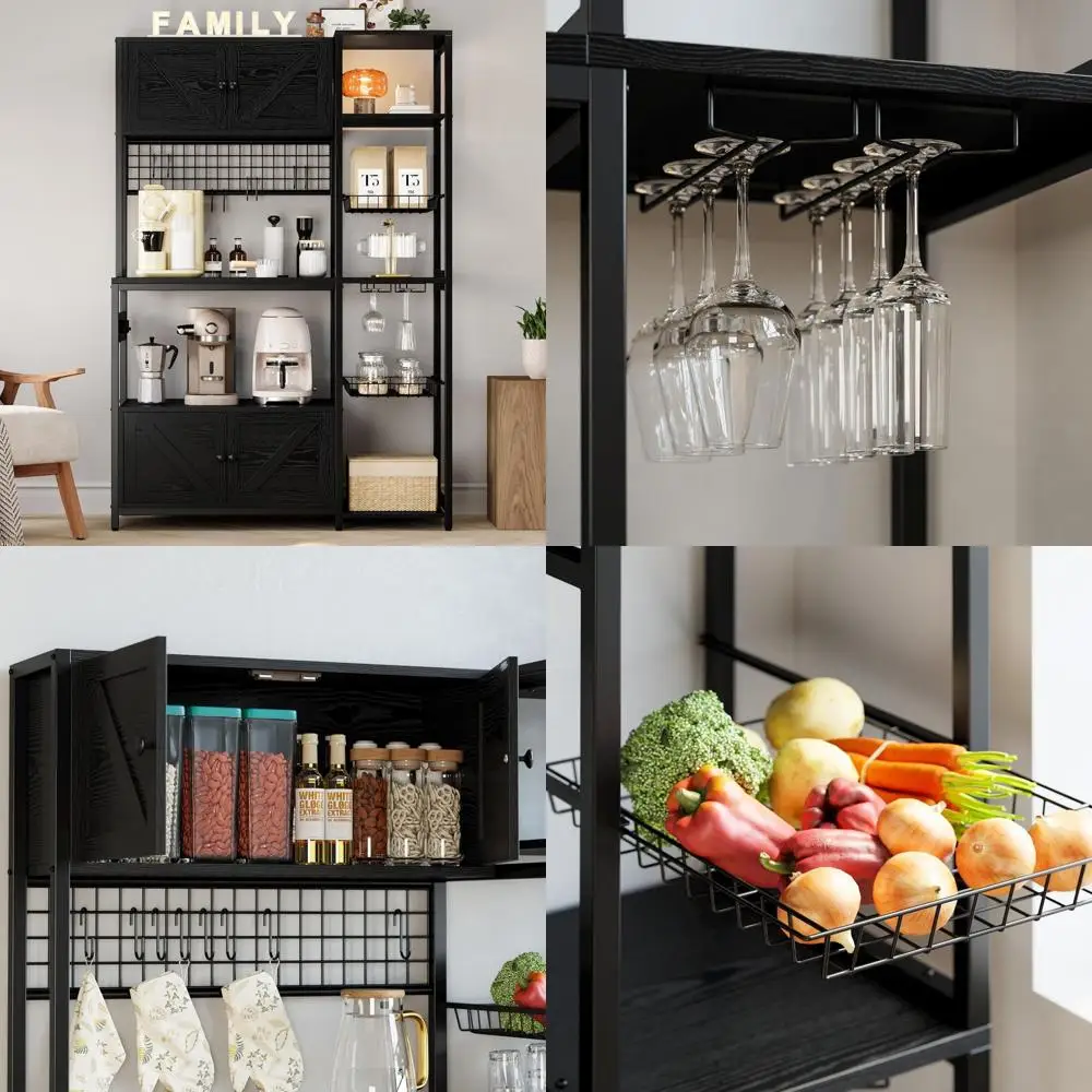 

Vintage Black Industrial-Style Coffee Bar Cabinet with 2 Cabinets, Power Outlet, and Microwave Stand