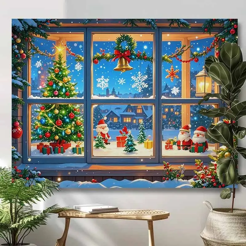 VIKAMA Christmas Fake Window Tapestry Winter Snow Scene Santa Xmas Tree Gift Bell Wall Hanging for Holiday Home Decor