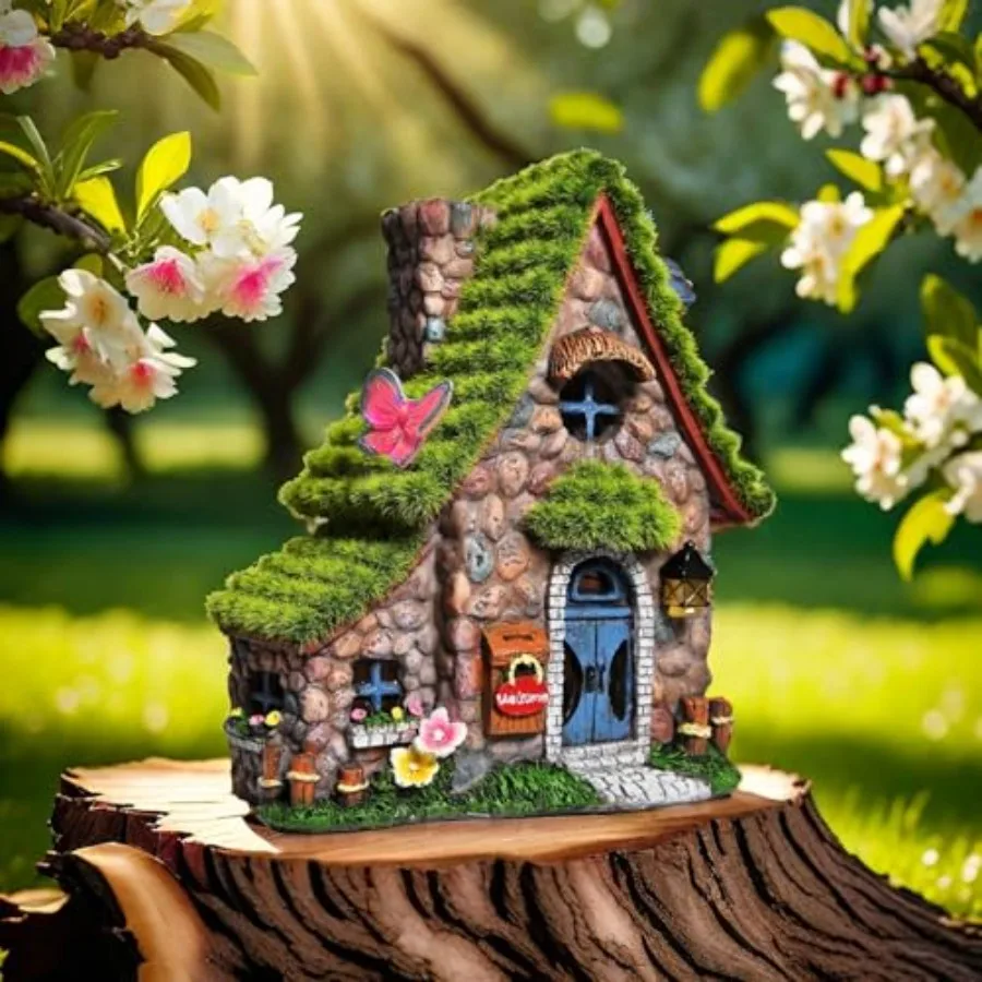 Resin Fairy House Statues with Solar Powered Lights, Funny Garden Sculptures with Flocked and Cobblestone Decor, Exquisite Gard