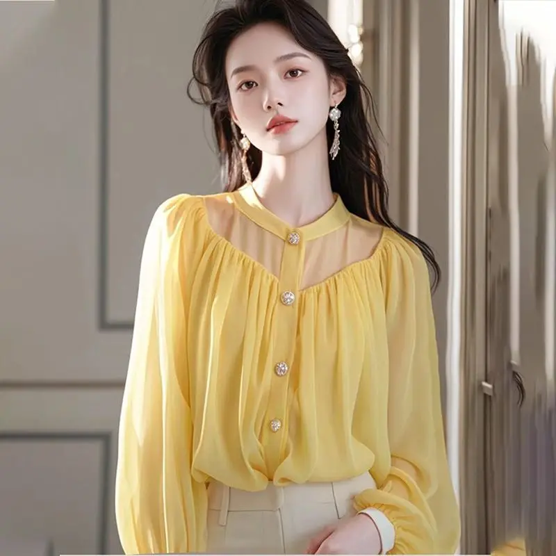 Yellow Chiffon Lined Women\'s Long Sleeved Slimming Top Small and Stylish Anti-aging Shirt