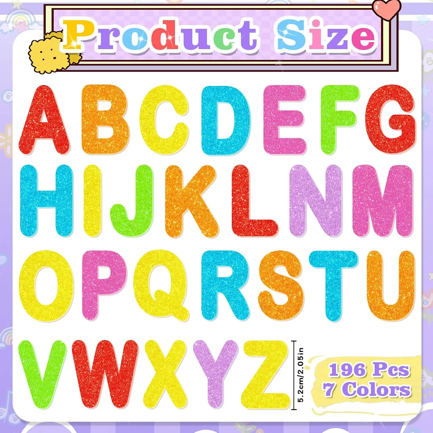 196Pcs 2 Inch Rainbow Glitter Foam Letter Stickers, 3D EVA Self‑Adhesive Alphabet Stickers for Bulletin Board, Classroom