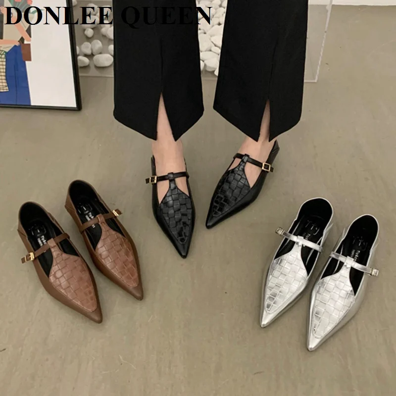 Fashion Pointed Toe Flats Heel Shoes Women Loafers 2023 New Autumn Dress Shoes Ankle Strap Mary Jane Shoes Brand Weave Ballerina