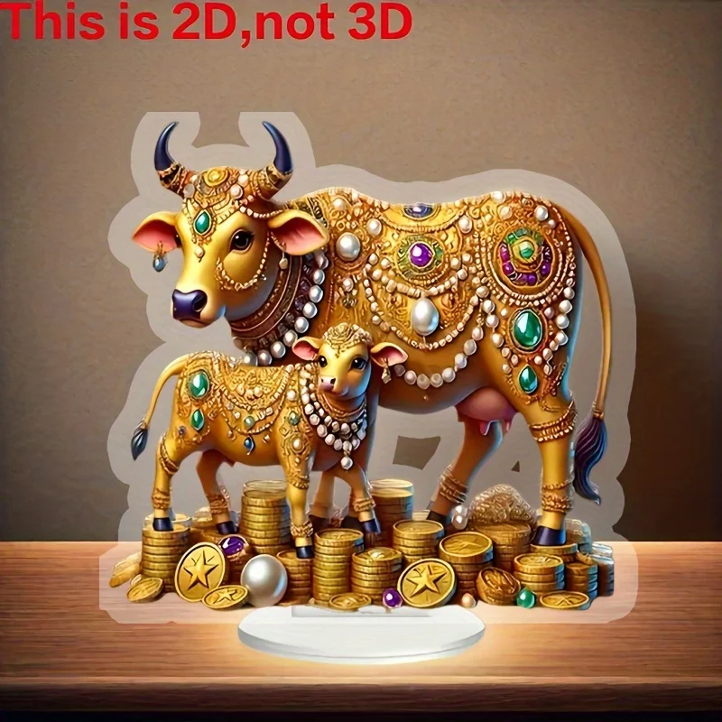 2D Flat, Bohemian Style Acrylic Cow And Calf Desktop Decoration - Wealth Theme, And Scratch-Resistant, Colorful Gemstone Design,