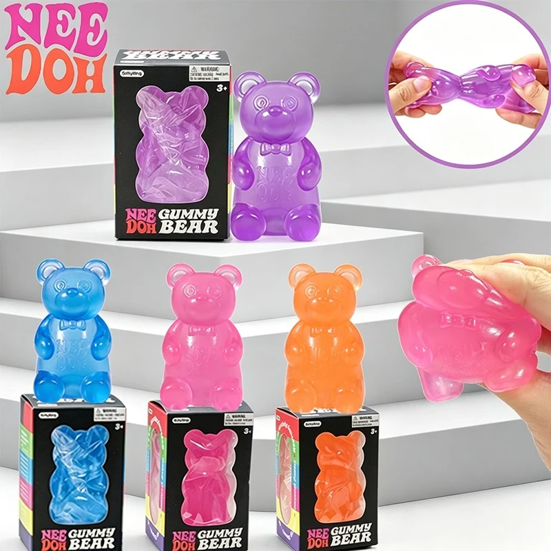 Needoh Gummy Bear TPR Squishy Squeeze Toy Transparent Jelly Filled Hand Grip Fidget Sensory Toy Anxiety Heal Relax Leisure Gift
