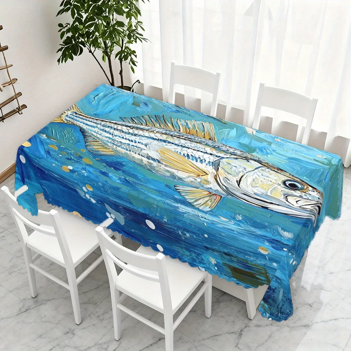 Oil Painting Striped Bass Fish Blue Seawater Print Waterproof Tablecloth, Rectangular Table Cover Home Dining Ocean Theme Decor